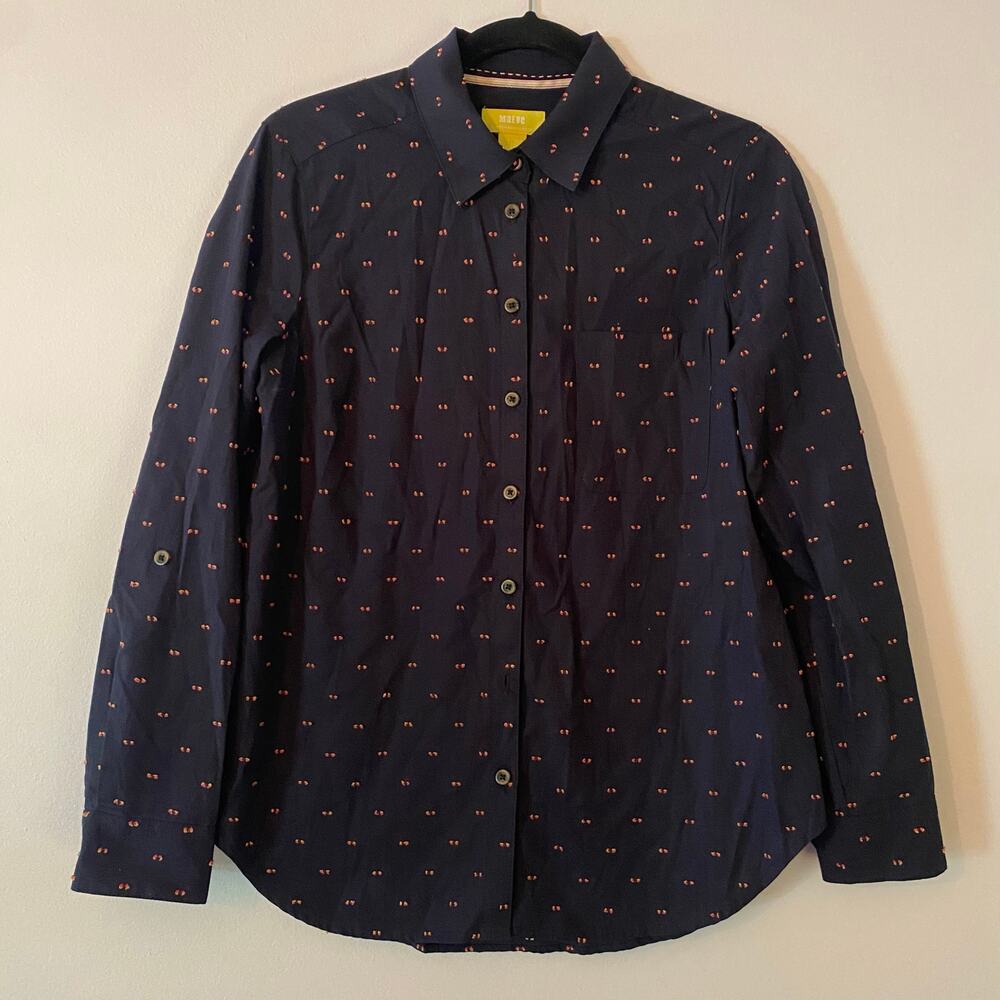 Maeve Anthropologie Navy Blue Polka Dot Button Down Shirt Preppy Women's size 4